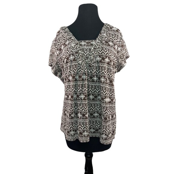 Liz Claiborne Womens XL Brown White Embroidered Short Sleeve Layered Geometric T - Picture 1 of 9